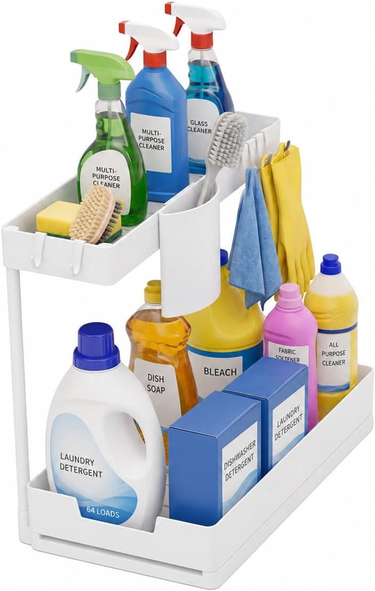 SnelShoppen - Wedge Shaped Under Sink Organizer met Lade, 2 Niveaus, Voor Keuken, Badkamer, Wasruimte, Inclusief Haakjes + Opslagdoos, Wit, 1 Stuk