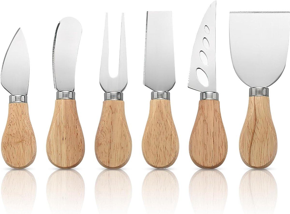 SnelShoppen - Set van 6 kaasmesjes met houten handvat - RVS snijset voor kaas, inclusief kaasvork en botermesjes - Perfect voor feestjes en borrels