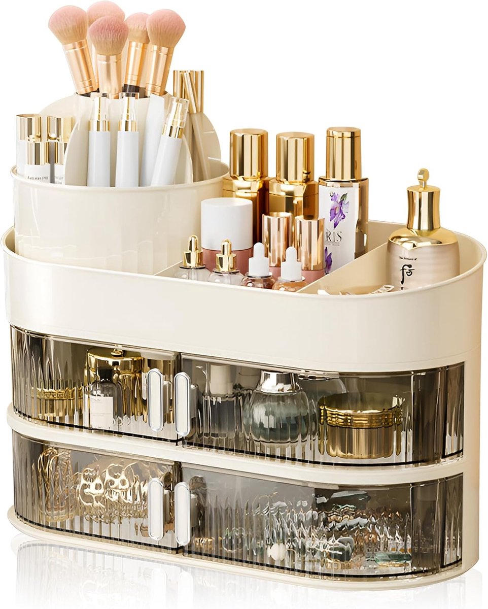 SnelShoppen - Makeup Cosmetic Organiser - 360° Rotating Beauty Organiser met 2 Lades - Beige - Perfect voor Dressing Table, Bedroom, Bathroom, Skincar