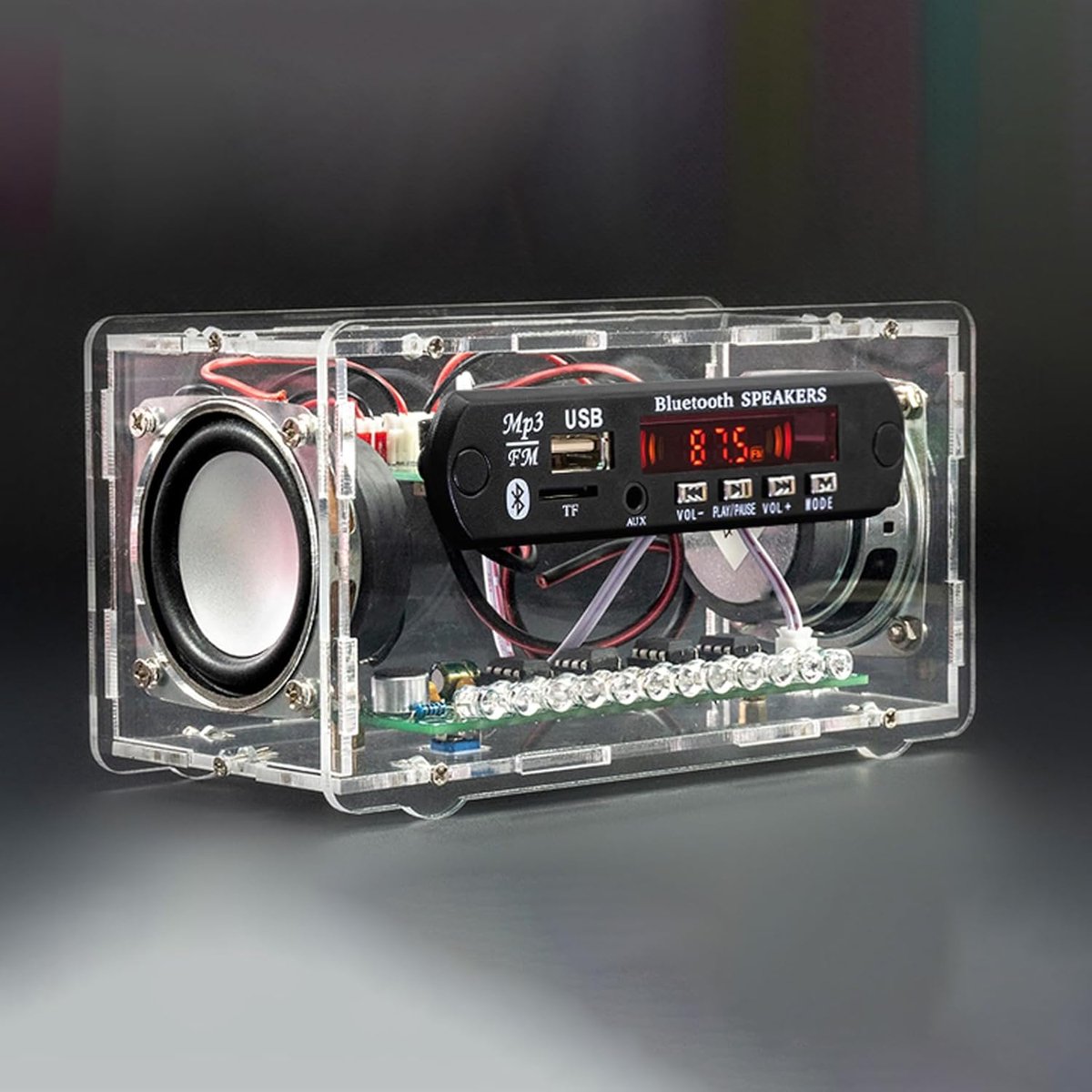 SnelShoppen - Bluetooth Speaker DIY Kit met FM Radio, Remote Control, Kleurrijke Geluidsregeling, LED Lichten, Digitale Display, Transparante Acrylbeh