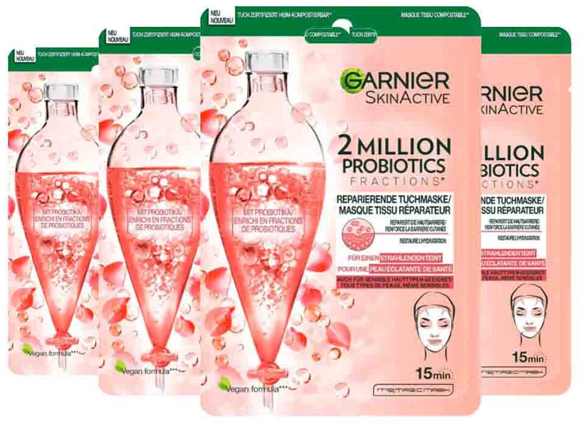 Garnier Tissuemasker 2 Millions Probiotics - 4 x 22 gr - Voordeelverpakking