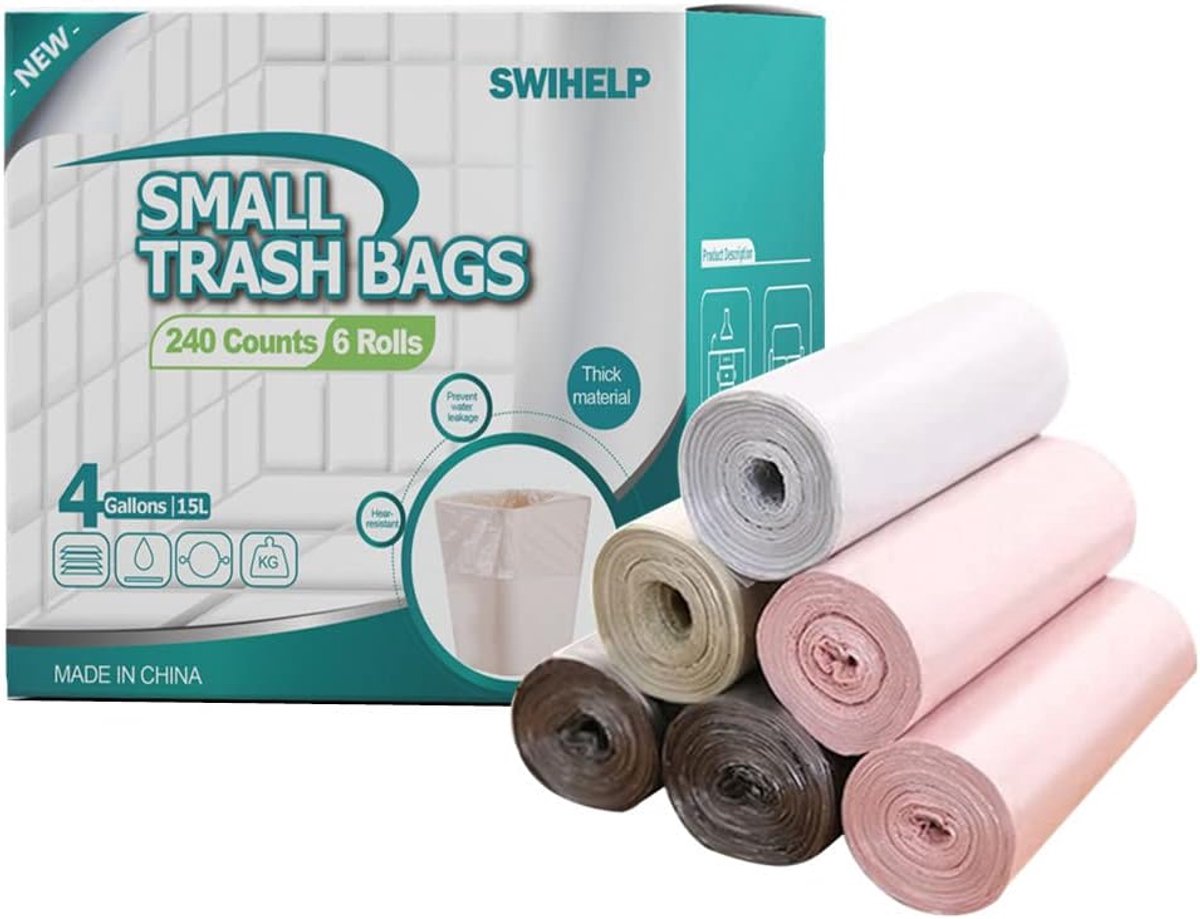 SnelShoppen - 240 Stuks Vuilniszakken 15 Liter Kleine Afvalzakken voor Kantoor, Keuken, Slaapkamer, Kleurige Sterke Afvalzakken, 4 Gallon Afvalzakken
