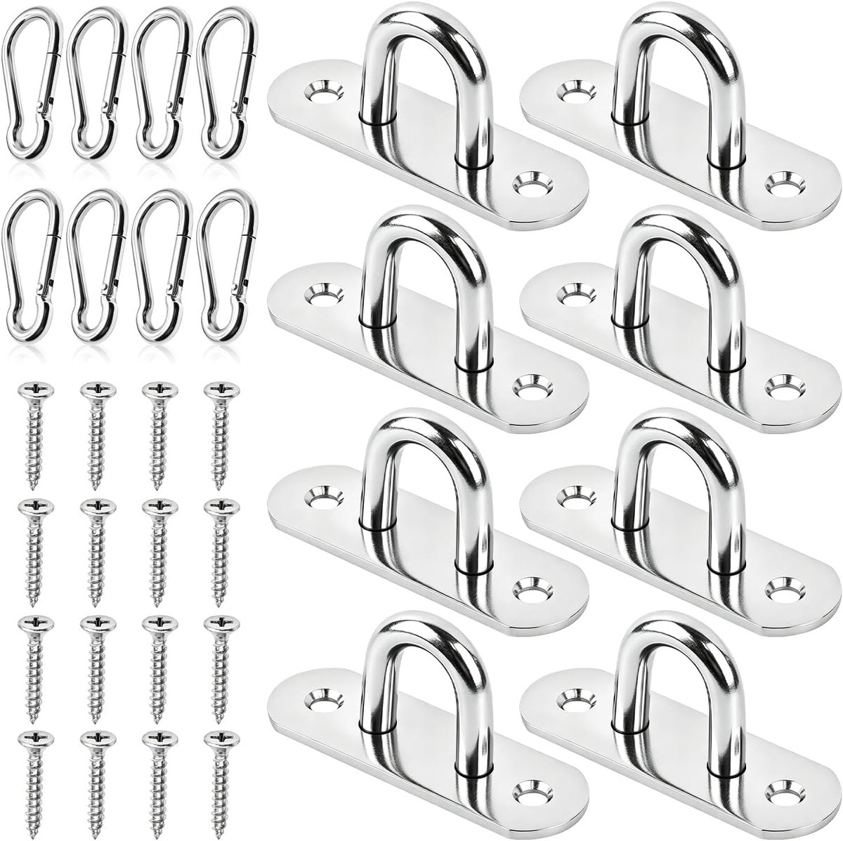 SnelShoppen - RVS Oogplaat Set van 8 met Carabiners - Muur- en Plafondbevestiging - Perfect voor Tuin, Camping, en Binnengebruik