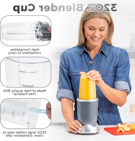 8-delige Set Vervangende Blenderbekers en Mesjes, 945ml Grote Beker met Flip Top Deksel, Inclusief Rubber O-ringen en Borstel voor Blender 600W/900W Modellen — afbeelding 3