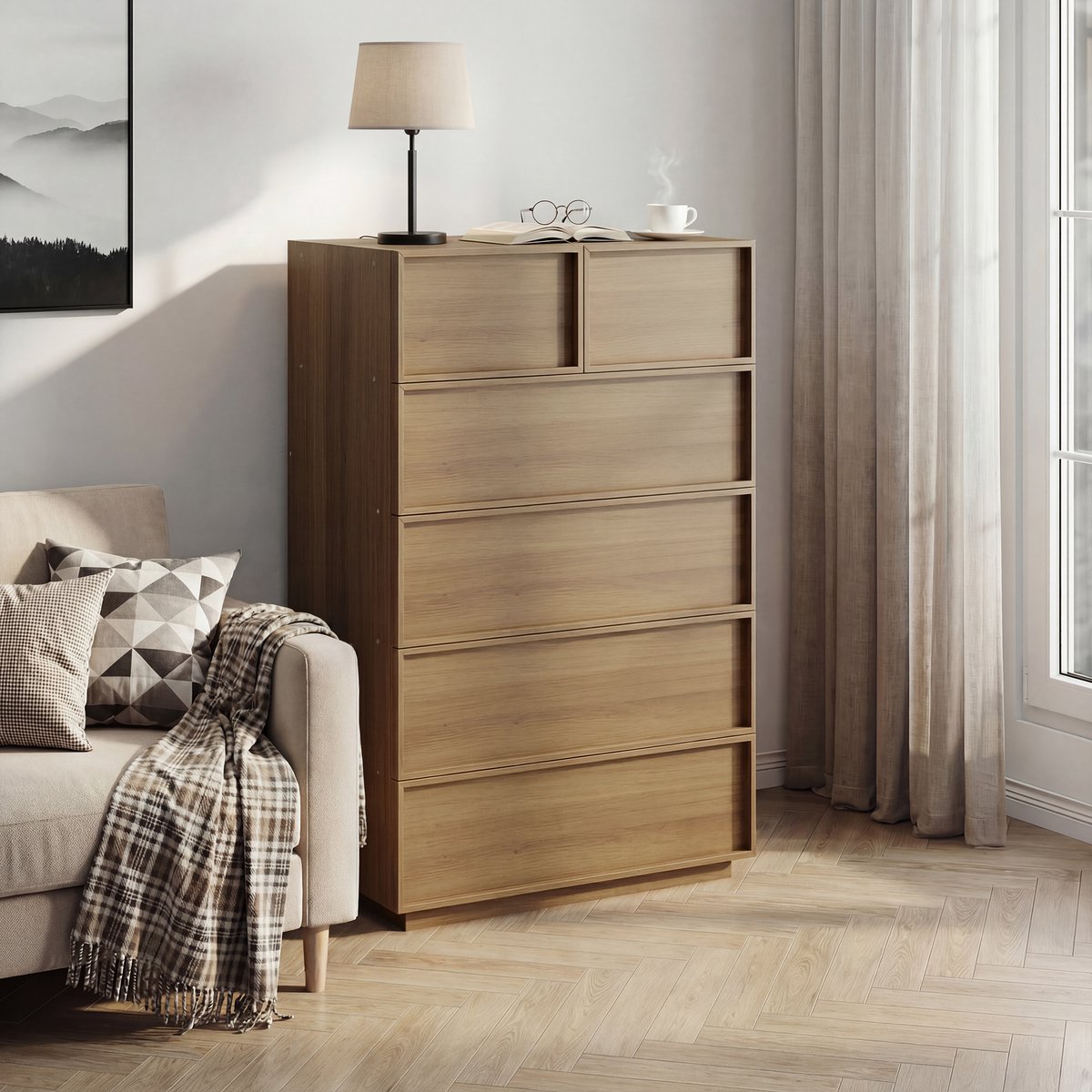 MODENUIT Ladekast - 6 Lades Met Grifloze Fronten - Voor Woonkamer, Slaapkamer En Hal - Eiken - 80x48x127 Cm