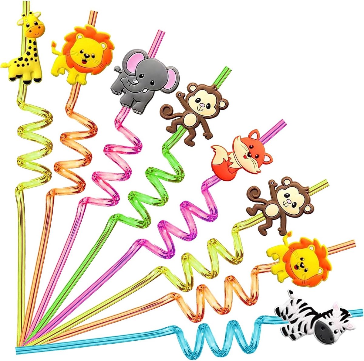 Set van 8 Herbruikbare Rietjes voor Kinderen met Spiralen en Jungle Dieren, Ideaal voor Verjaardagsfeestjes en Kinderevenementen