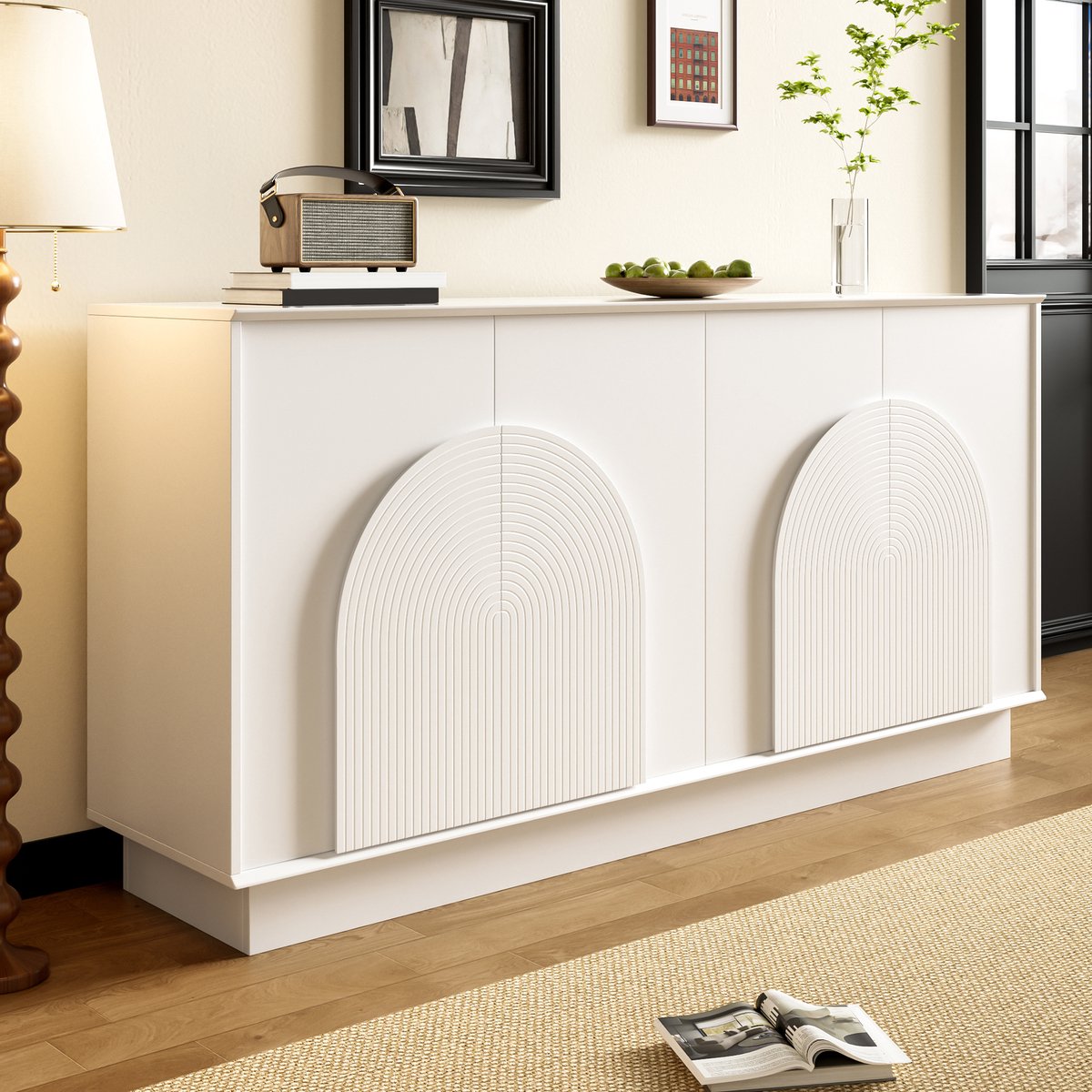MODENUIT Dressoir - 4 Deuren Met Gebogen Deurpanelen - Woonkamer En Eetkamer - MDF - Wit - 160 Cm