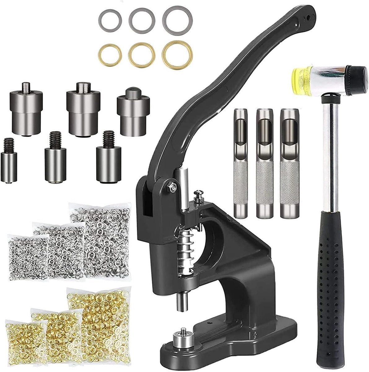 Set van Eyelet Pliers met 1500 Oogjes, Handgereedschap voor Stoffen, Zeilen en Creatieve Projecten met Diverse Maten (6 mm, 10 mm, 12 mm)