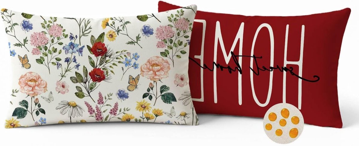 Waterdichte kussenhoezen 30 x 50 cm in rood met bloemenpatroon voor buitengebruik, decoratieve kussenslopen voor tuin en woonkamer, set van 2 stuks