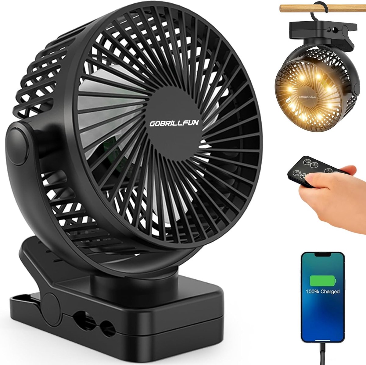 SnelShoppen - 15.2 cm (6 inch) 12000 mAh Clip Fan met Afstandsbediening, USB Oplaadbaar, LED Verlichting, 3 Snelheden, Batterij Ventilator met Timer (