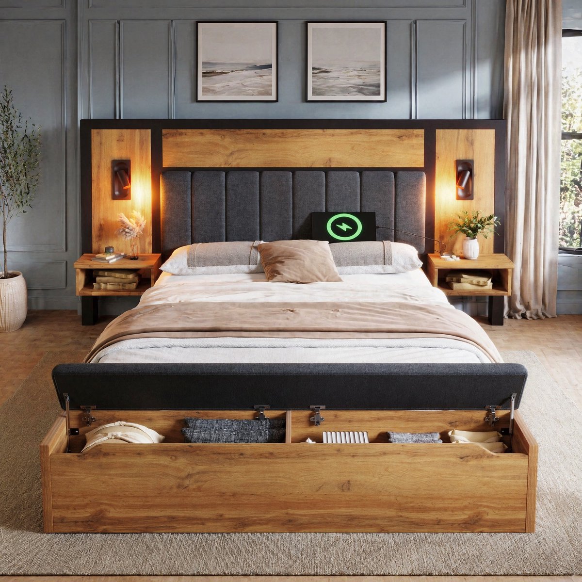 COVREO Tweepersoons bed 160x200 cm - met leeslampen, USB-C, nachttafels en opbergbank