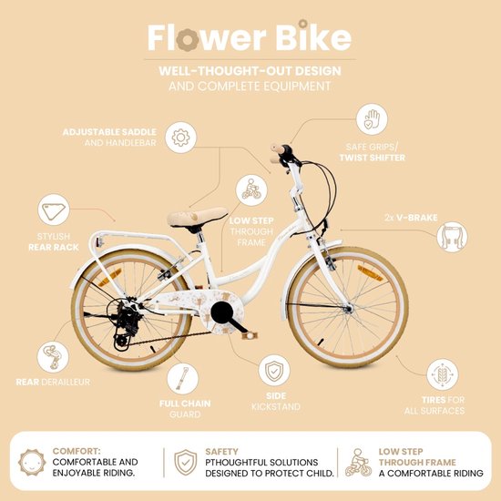 Flower Bike Fiets voor een meisje van 6 tot 10 jaar, 20 inch Wit Beige, 6 versnellingen Shimano, kinderfiets in hoogte verstelbaar van Flower Bike — afbeelding 4