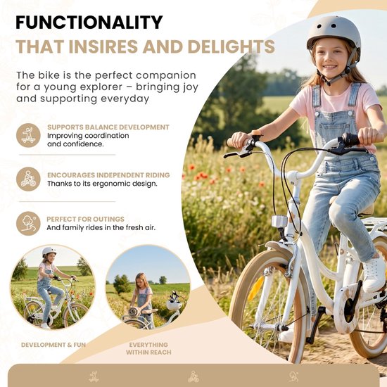 Flower Bike Fiets voor een meisje van 6 tot 10 jaar, 20 inch Wit Beige, 6 versnellingen Shimano, kinderfiets in hoogte verstelbaar van Flower Bike — afbeelding 5