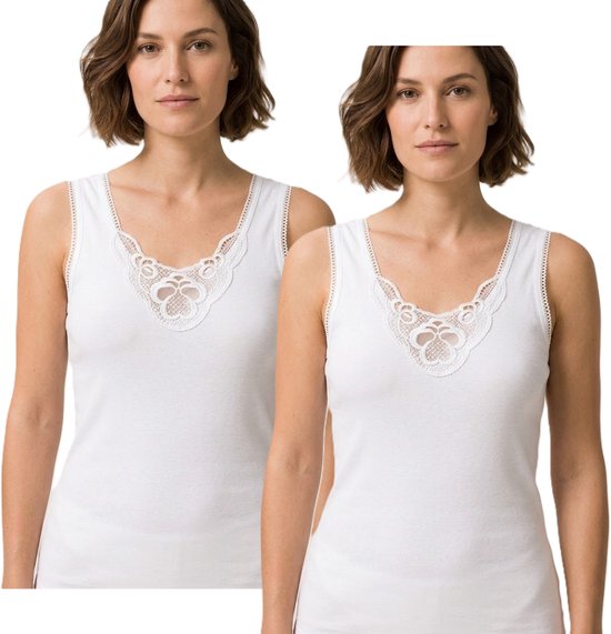 Marco Rossi - Random kant - Dameshemd kant - Onderhemd - Singlet - Katoen - Dames - 2 Pack - Wit - Maat XXL 52/54