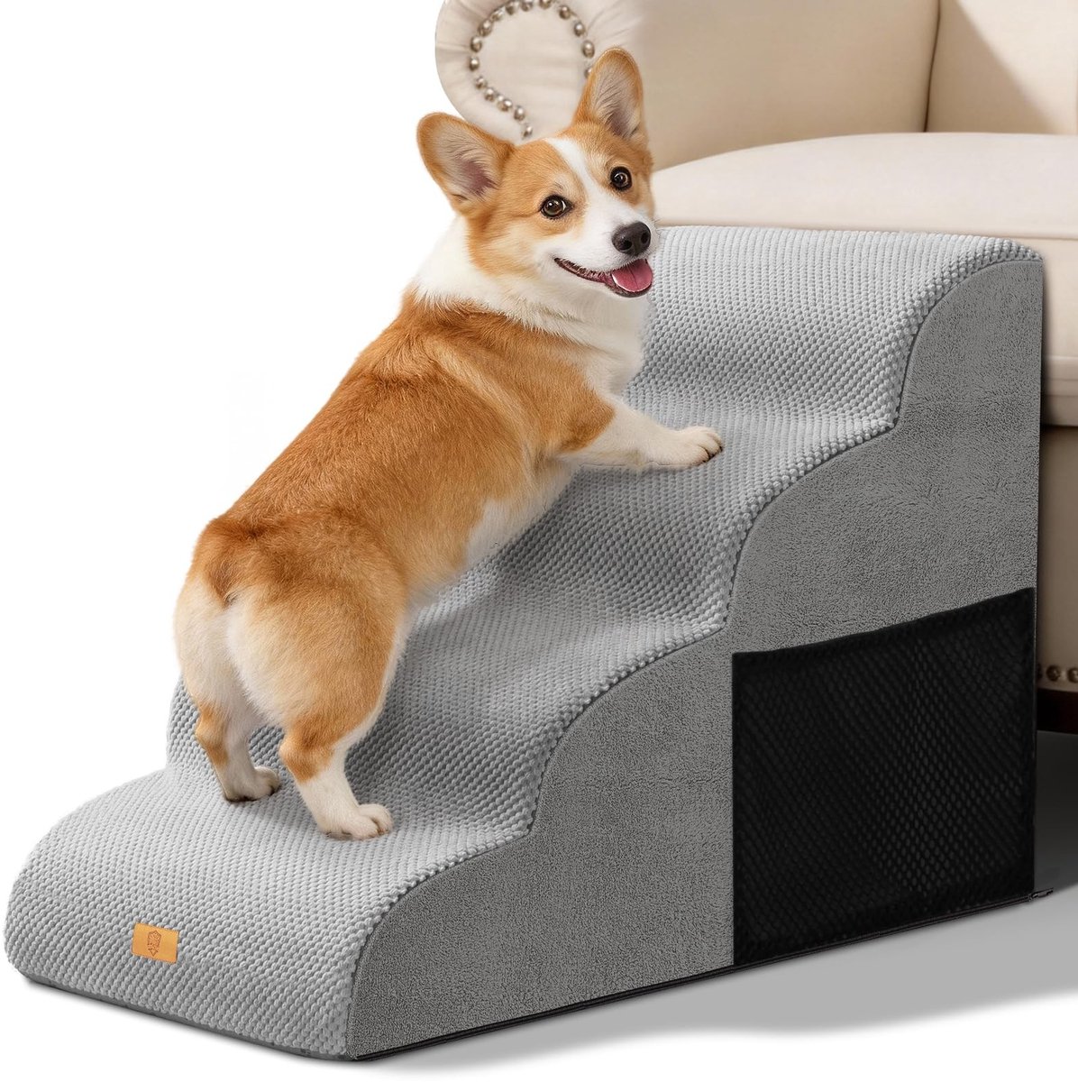 Dailygoods- Hondentrap 4 Treden - Huisdiertrap voor Honden/Katten - Antislip - Waterdicht - Grijs Corduroy Fluweel - 73x40x53 cm
