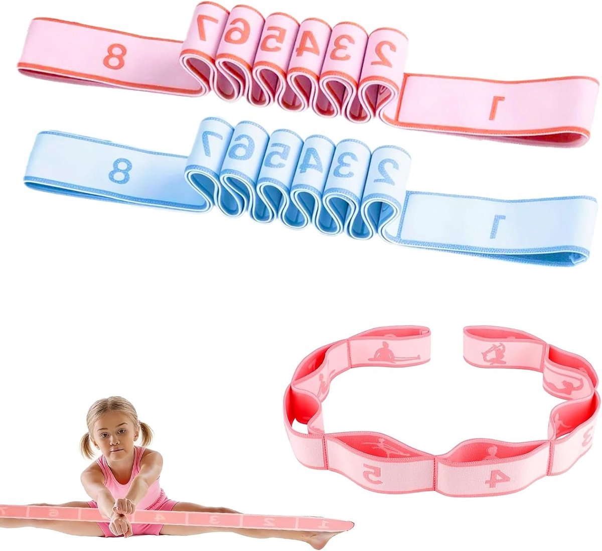 Stretchbanden voor gymnastiek en yoga, 2 stuks met 8 verstelbare lussen voor optimale flexibiliteit en weerstand, ideaal voor pilates en dansoefeningen