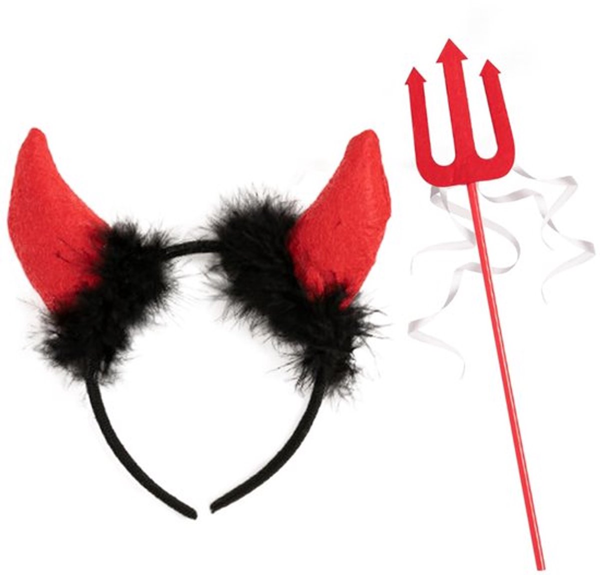 - Duivels hoofdtooi - Kostuumaccessoires - Zacht en duurzaam - Zwart en rood - Rollenspel - Perfect voor masquerade - 1 hoofdtooi en 1 vork