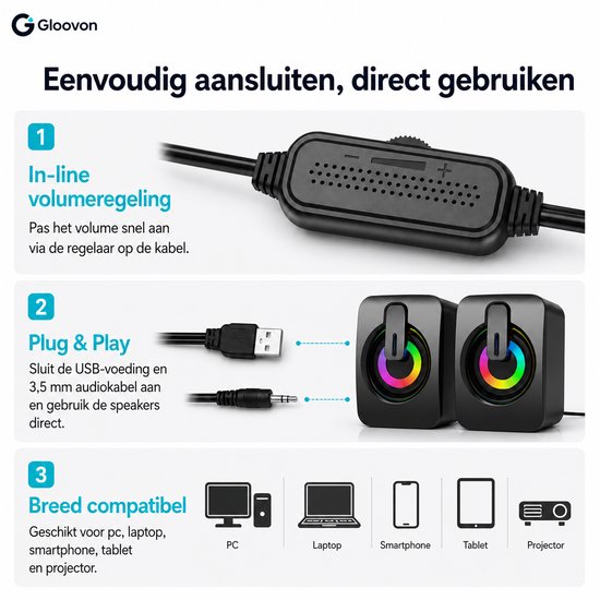 Luidsprekers voor PC - RGB Verlichting - Plug & Play - 3.5mm Audio Kabel - Zwart van Merkloos — afbeelding 4