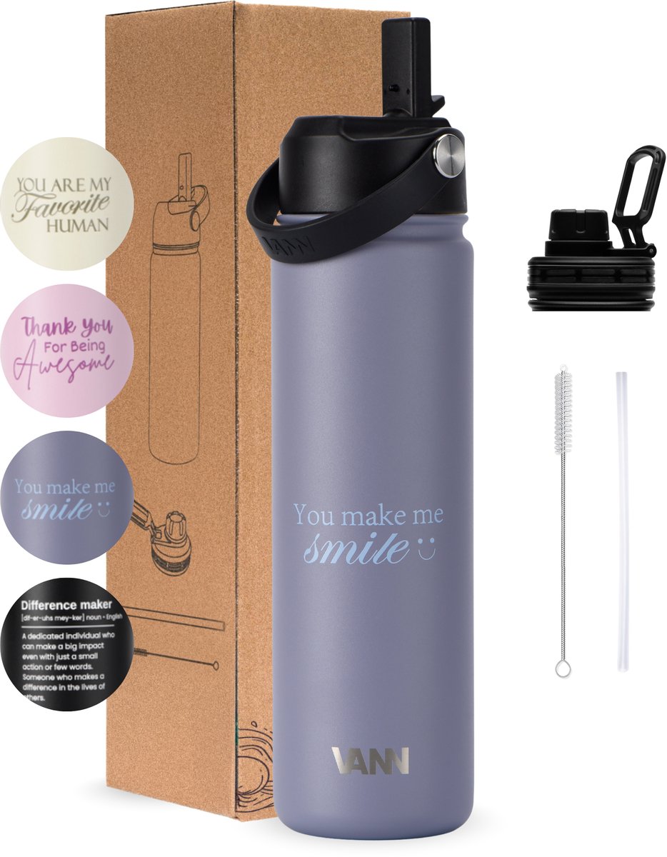 VANN® 3-Wandige RVS Drinkfles 650 ML met rietje voor volwassenen – Met 4 accessoires – Thermosfles – 24 uur koud/12 uur warm – Lavender Grey – Valentijnscadeau voor man en vrouw – VANN GIFT BOTTLE®