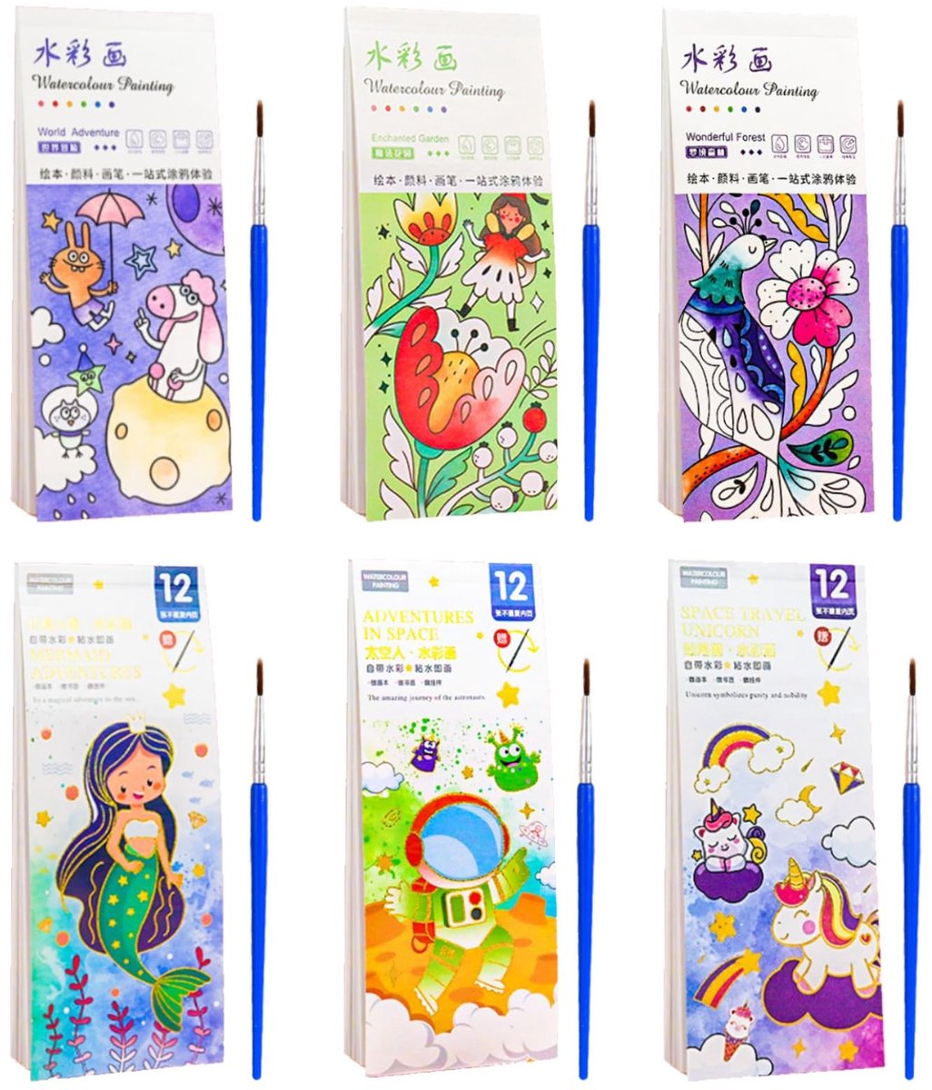 Solidchoice- Waterkleurboek 6 stuks - Aquarelpapier - Kinderkleurboeken - Kleuralbum voor kinderen - Creatief speelgoed - Magisch tekenbord - Kleurboek
