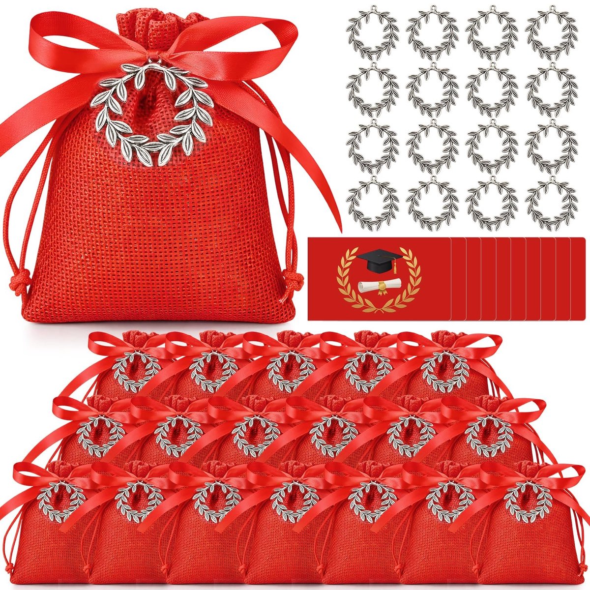 Solidchoice- Afstudeercadeautjes 50 Sets - Rode Tasjes - Sleutelhanger/Lauwerkrans - Snoepzakjes - Feestversiering - Persoonlijke Attenties - Jute/Papier - Feestartikelen