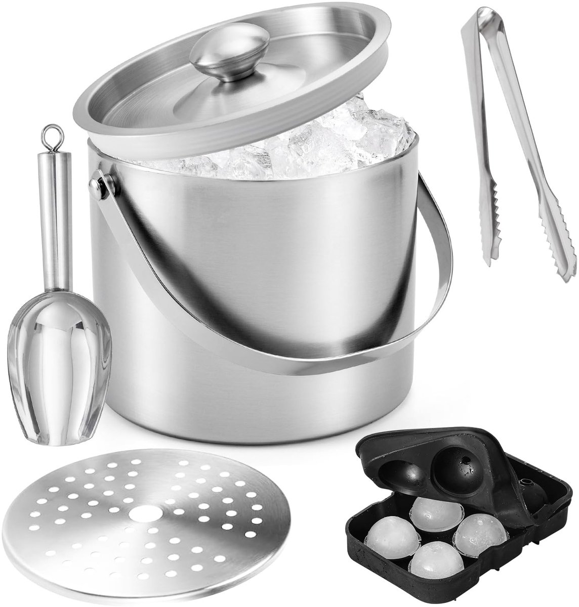 Solidchoice- Ijsemmer 4 Liter Dubbelwandig - Roestvrij Staal - Set met Zeef/Ijstang/Ijsschep - Koelen van Drankjes - Hygiënische Opslag - Stevige Handgreep - Koelbox