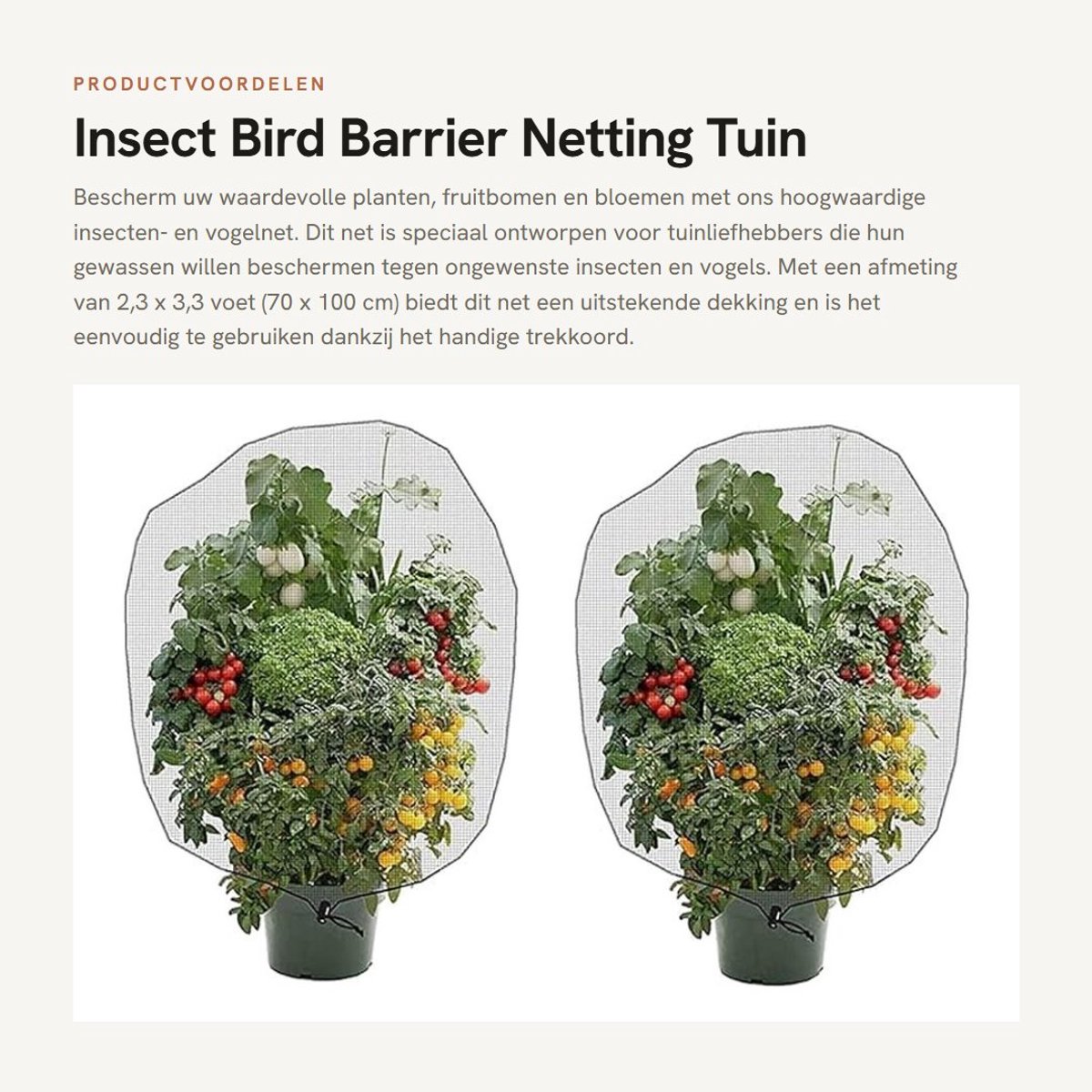 Solidchoice- Insectennet 2 Stuks - Tuin Barrière Net - Bescherming Tegen Insecten/Vogels - PE Materiaal - Maat 70 x 100 cm - Trekkoord Ontwerp - Tuinnet