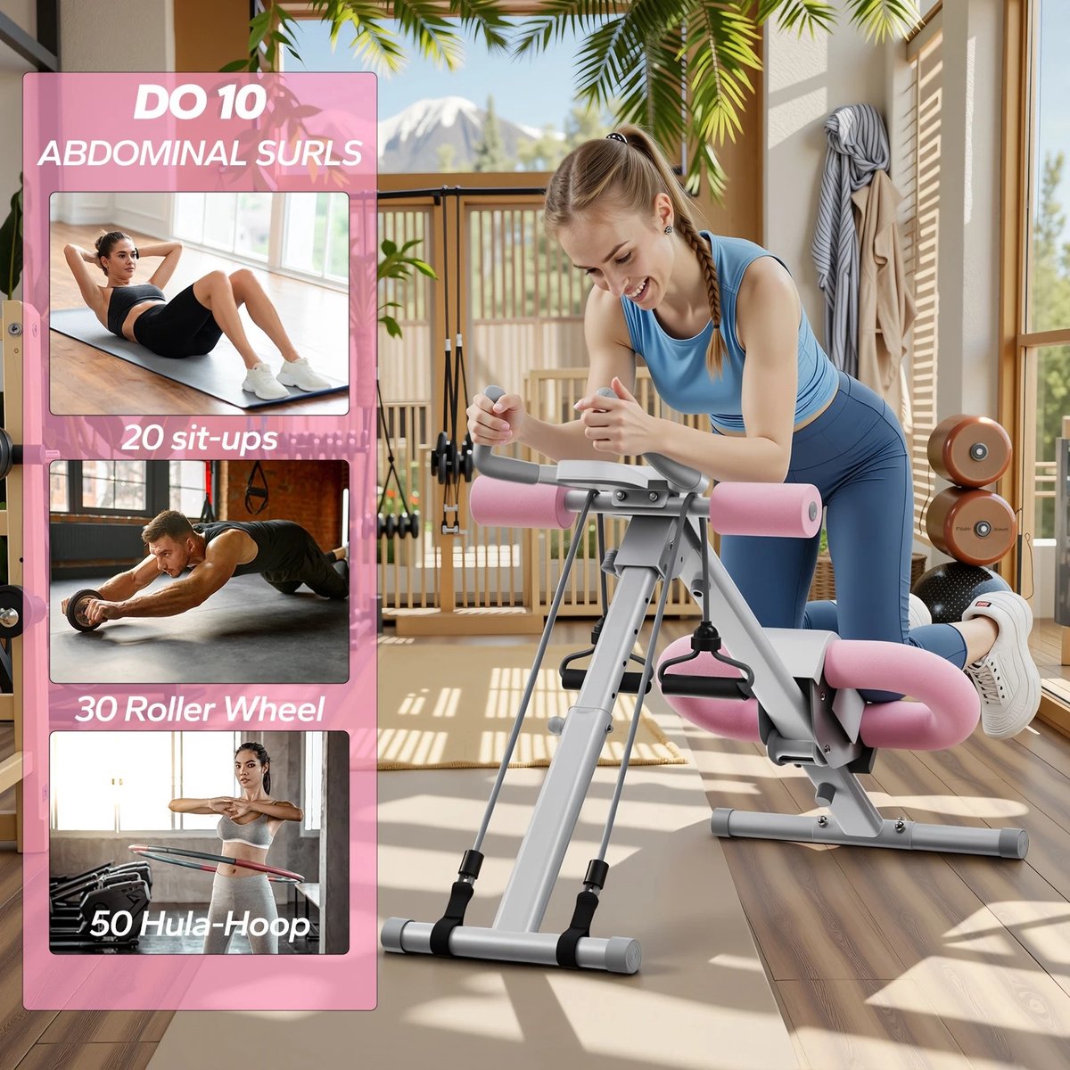 QJ Supply - Ab Trainer - Buikspiertrainer - Opvouwbaar - Verstelbaar - LCD Display - Core Training - Kniebescherming - Roze