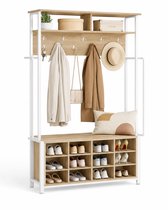 CINK Living Kapstok met Schoenenbank - 13 Haken en 14 Vakken - Voor 12 tot 14 Paar Schoenen - Belastbaar tot 150 kg - Eiken en Wit - 108 x 31 x 187 cm