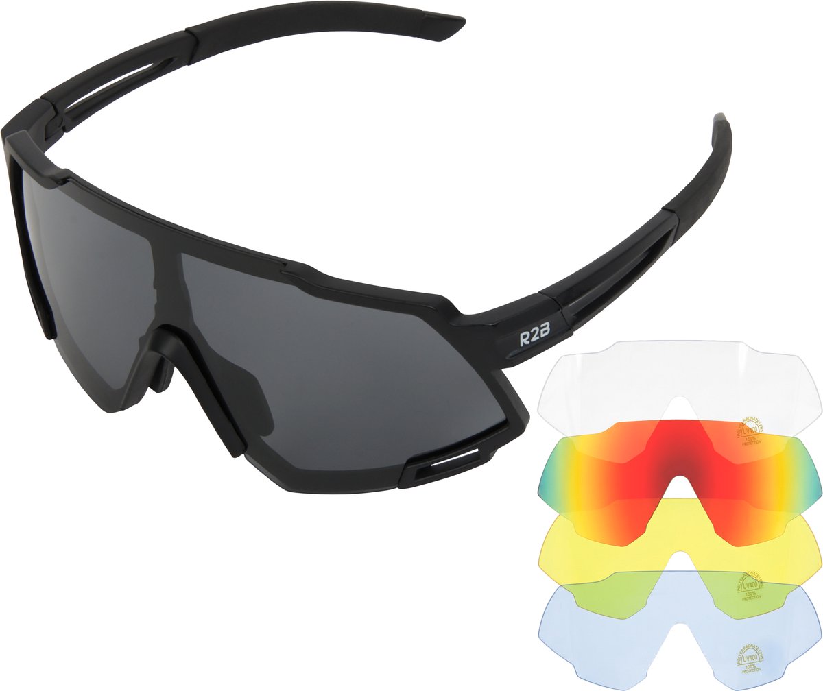 R2B Sport Zonnebril met 5 Verwisselbare Lenzen - Hardloop Bril - Unisex & Universeel - Sportbril - Gepolariseerde Zonnebril Dames en Heren - Fietsbrillen - Sportzonnebril - Sunglasses