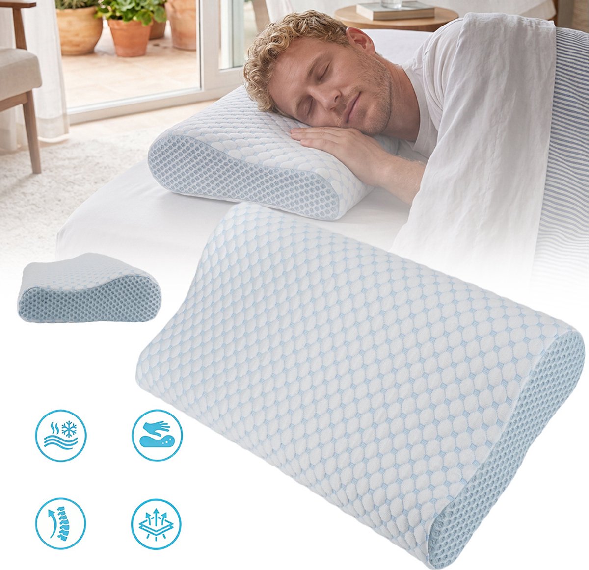 Traagschuimkussen - 2-In-1 Hoogte (9 cm X 13 cm) - Ergonomische Vorm - Voor Rug-, Zij- En Buikslapers - Drukvrij - Ademende Ijzijde Hoes - Machinewasbaar - Wit & Blauw