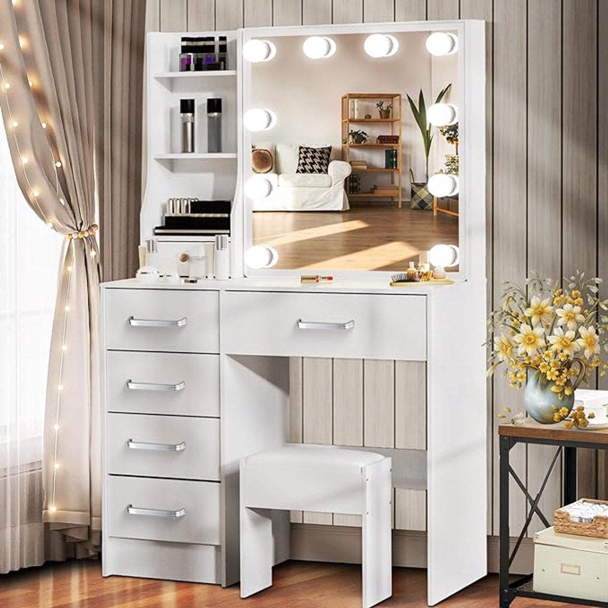 Luxe Make-uptafel met LED Verlichting en Kruk – Kaptafel met Schuifspiegel, 6 Lades, Verborgen Opbergruimte, 3 Lichtkleuren en Dimbare Verlichting – Wit | Medahomestore