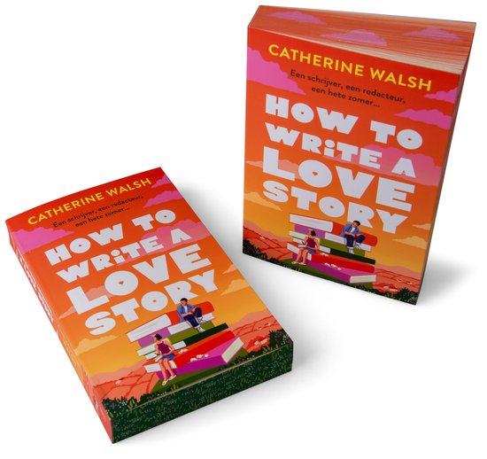 Een boek met de titel "How to Write a Love Story" van Catherine Walsh, afgebeeld op een witte achtergrond. Er zijn twee exemplaren te zien, waarvan één open ligt.