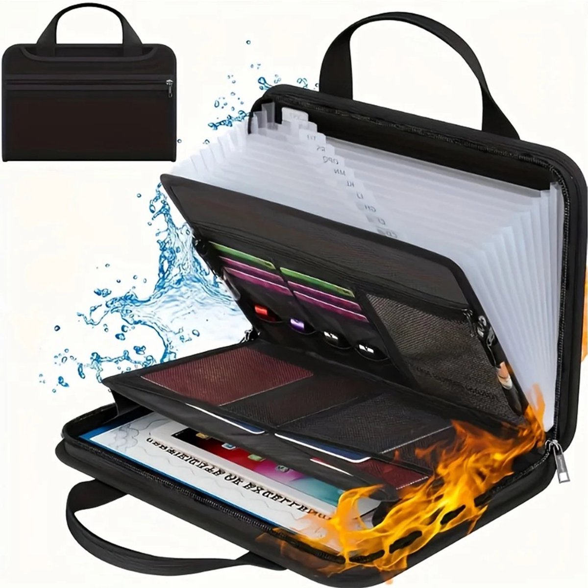 Dailygoods Zwarte brandwerende waterdichte dossiermap met meerdere compartimenten, lade-stijl documentenorganizer tas vo