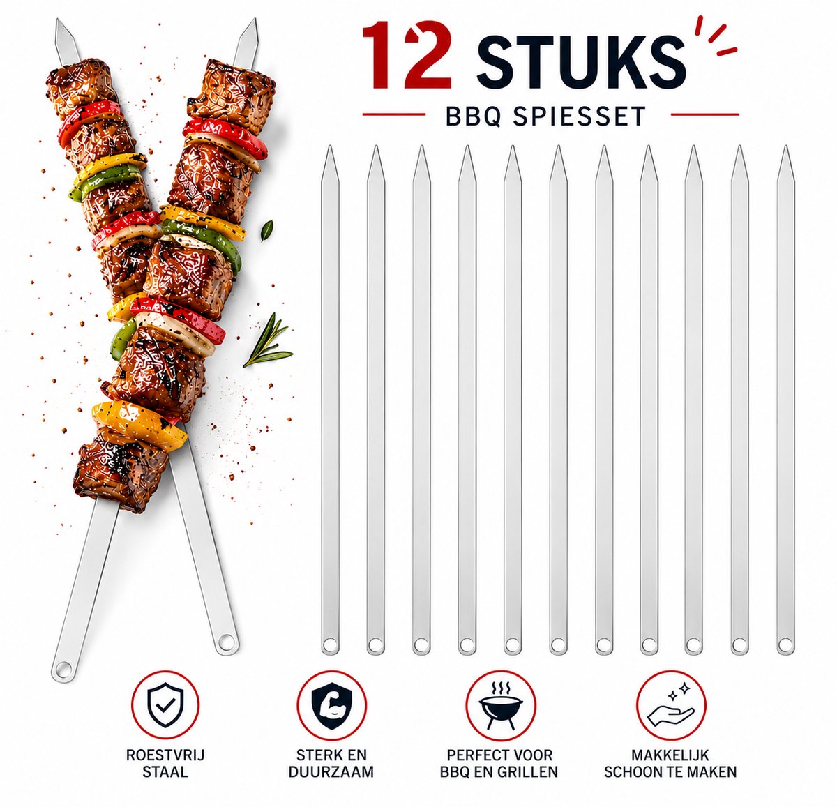 SMH LINE® RVS Barbecue Spiezen - 12 Stuks - 50cm - Veespennen - Kebab spiezen - BBQ spiesjes