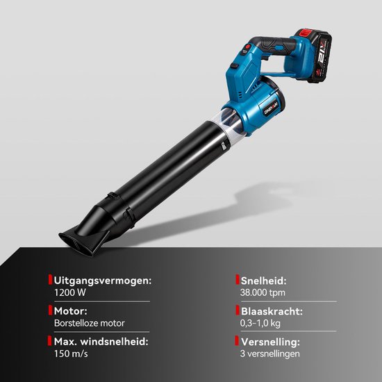 ONEVAN Accu Bladblazer - 21V blazer - 432 km/u - Elektrische bladblazer - Met 2x 4.0Ah Accu's - 3 versnellingen - Voor Het Ruimen van Bladeren, Sneeuw en Stof van ONEVAN — afbeelding 2