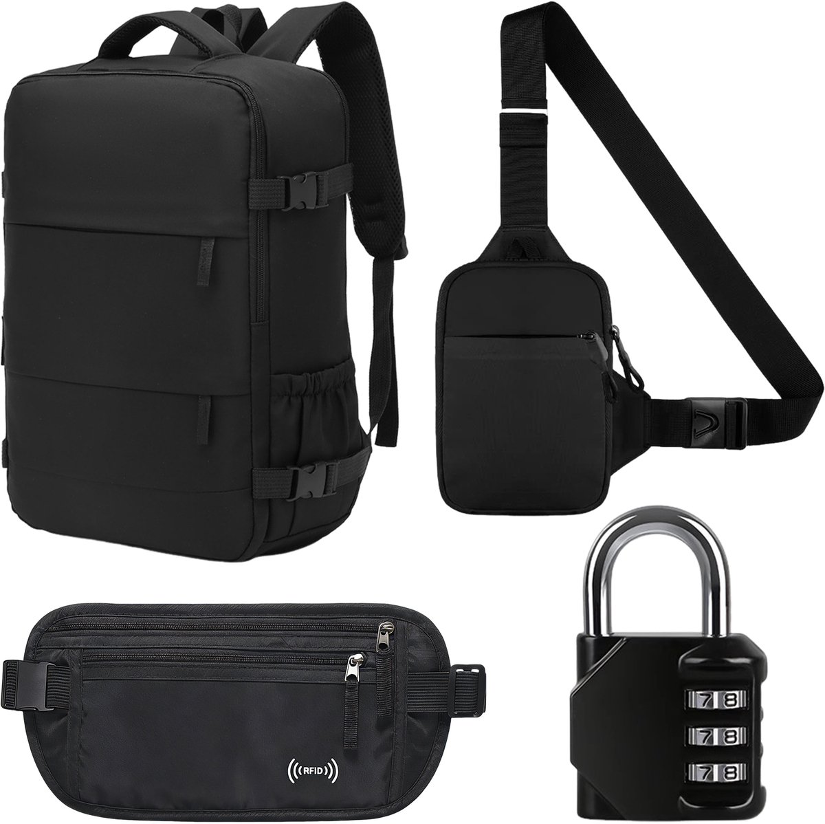 Multifunctionele reisrugzakset, driedelige antidiefstalset | Rugzak + RFID-blokkerend etui + telefoonhouder | Antidiefstalbescherming voor op reis en woon-werkverkeer