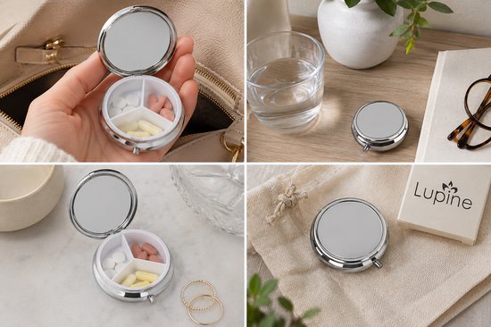 Collage van 4 afbeeldingen: pillendoosje in handtas, open pillendoosje met pillen, pillendoosje naast glas water, pillendoosje met Lupine-doosje.
