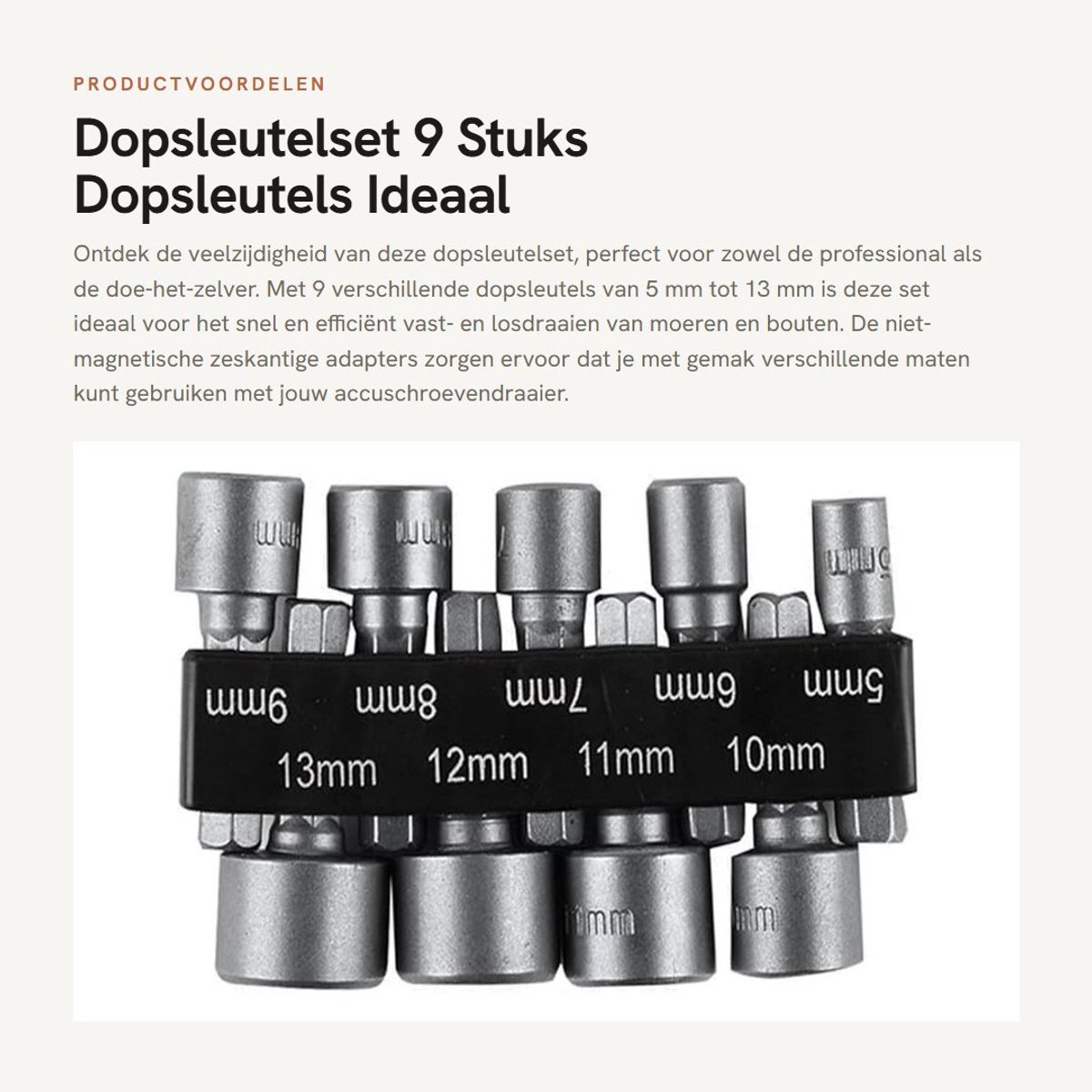 Dailygoods - Dopsleutelset 9 Stuks - Dopsleutels - Ideaal voor Accuschroevendraaiers - 5-13 mm - Zeskantige Boor - Perfect voor Klussen - Inclusief Bi...