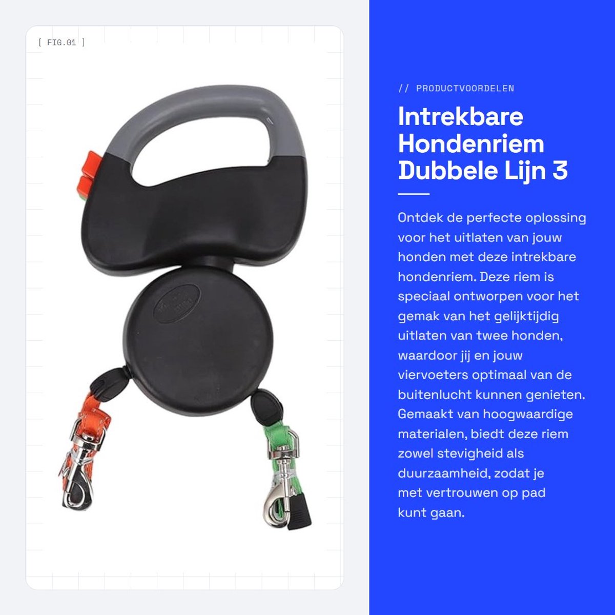 Dailygoods- Hondenriem 3 Meter - Intrekbaar - Dubbele Lijn - Reflecterend Touw - Scheurvast - Hoogwaardige Materialen - Hondentouw