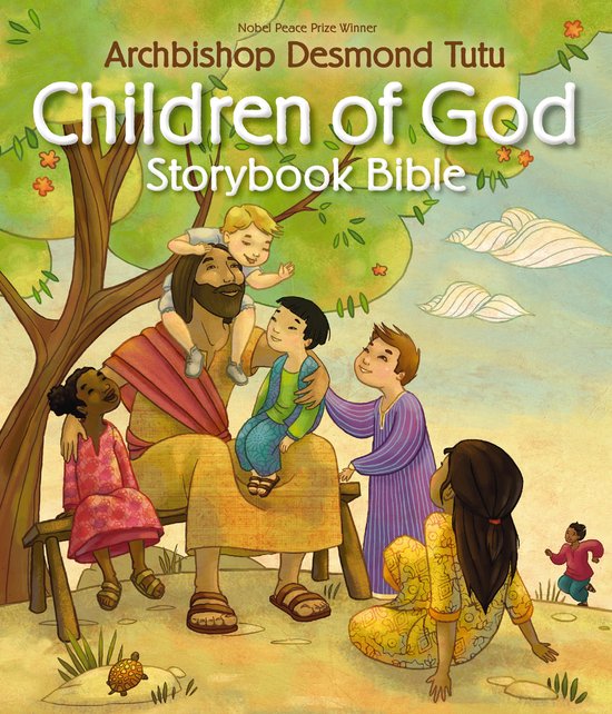 Boekomslag van 'Children of God Storybook Bible' door aartsbisschop Desmond Tutu. Een warme, illustratieve voorstelling van Jezus met vijf kinderen om hem heen, spelend in een landelijke omgeving.