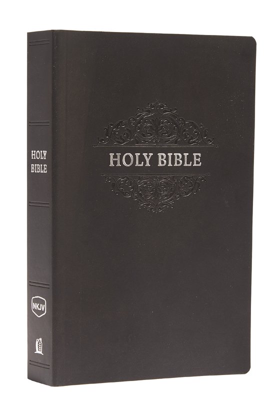 Zwarte Heilige Bijbel, Imitatieleer, met 'HOLY BIBLE' en sierlijk patroon op de voorkant en zijkant.