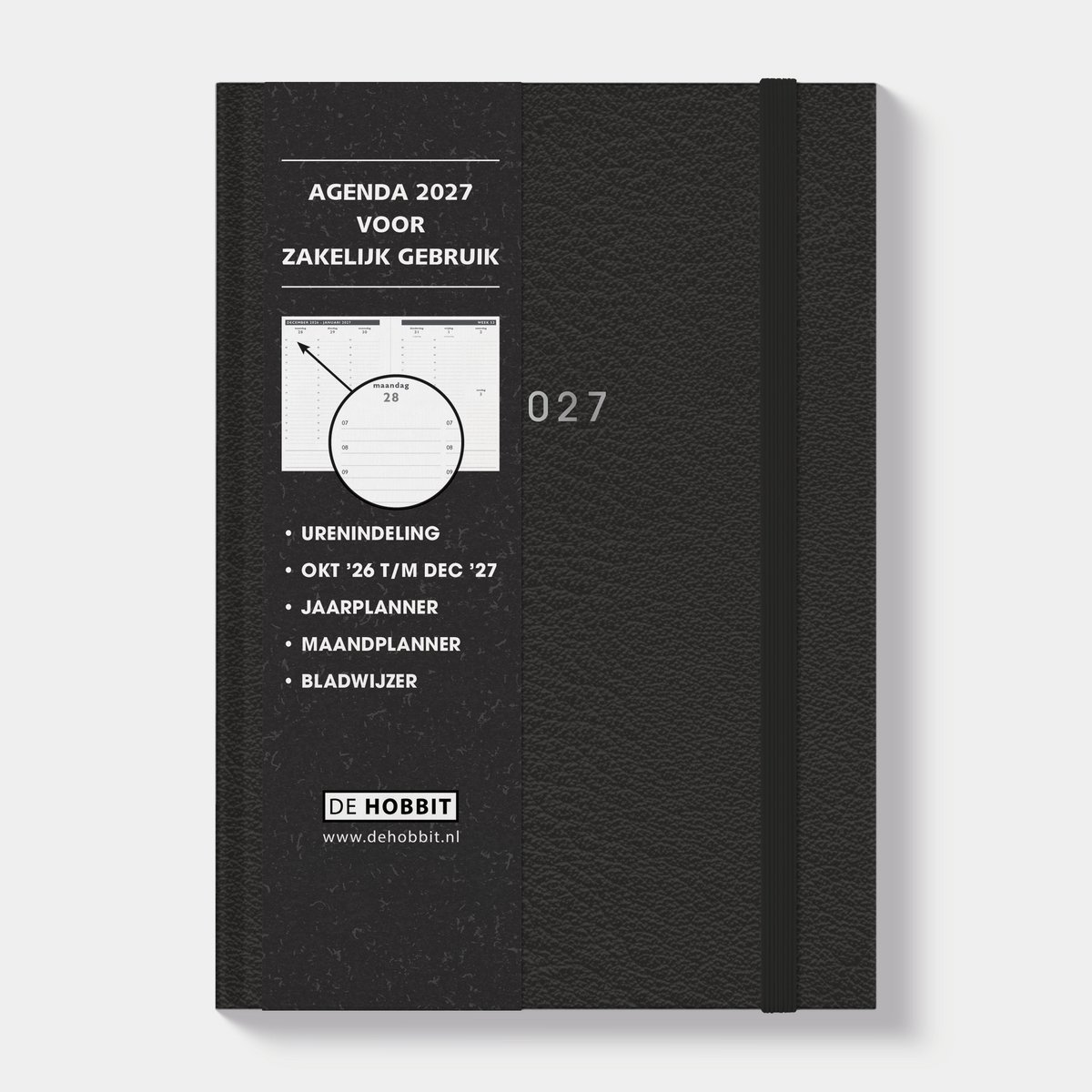 Hobbit Zakenagenda 2027 - Afsprakenagenda - A5 (14,8 x 21 cm) - Tijdindeling per uur - 1 week over 2 pagina's - Harde Kaft - Zwart Lederlook