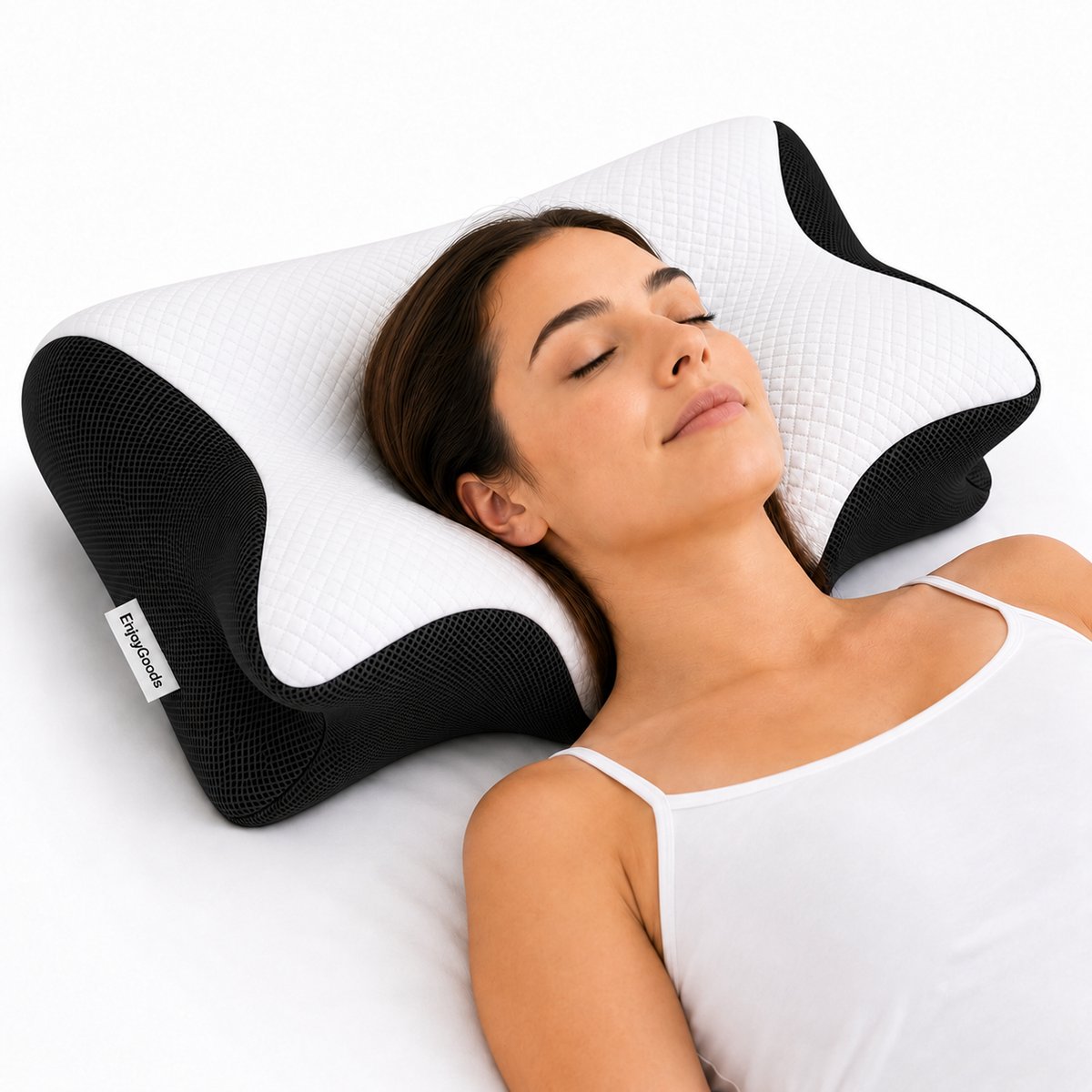 Enjoygoods Orthopedisch Hoofdkussen – Anti-Snurk Kussen Zwart/Wit – Nekklachten & Nekpijn Verlichting – Zijslaper Hoofdkussen Volwassenen – Verkoelend Slaapkussen – Vlinderkussen Ergonomisch – Ademend Traagschuim Kussen
