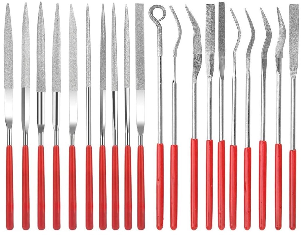 Dailygoods- Naaldvijlen set 20 stuks - Mini Diamantvijlen - Rubber greep - Hout/Metaal/Glas/Keramiek - Gereedschap voor modelbouw - Hersluitbare kunststof tas - Vijlset