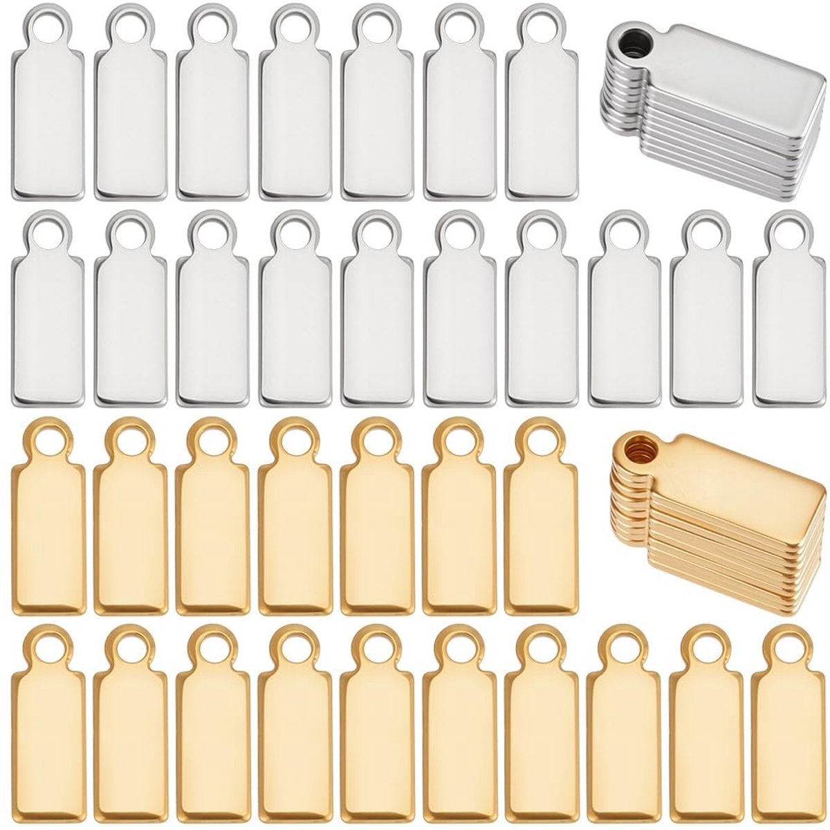 Dailygoods- Stempelen Blanks 100 Stuks - Roestvrij Staal - Rechthoekige Tags - Goud/Zilver - Gat 1,4 mm - Duurzaam en Slijtvast - Hangtags