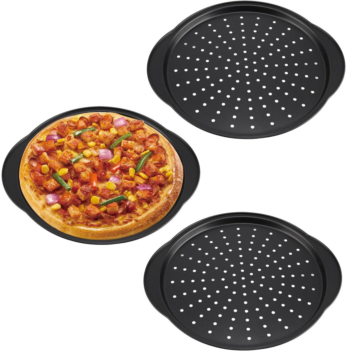 Dailygoods- Pizzaplaat Geperforeerd 32 cm - Ronde Bakplaat - Anti-aanbaklaag - Koolstofstaal - Optimale Luchtcirculatie - Handgrepen voor Controle