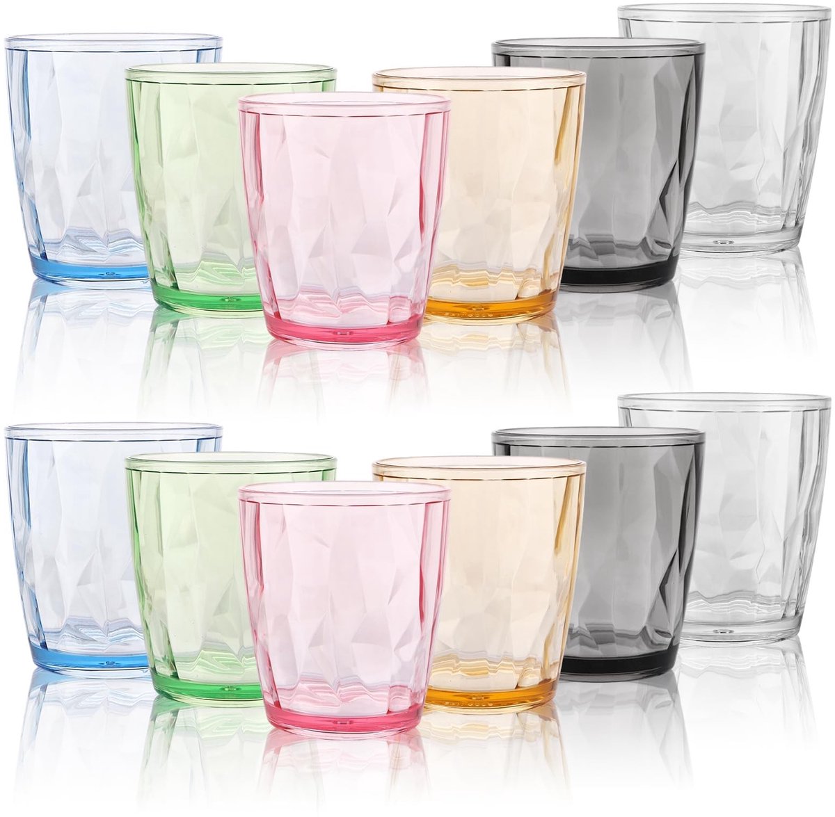 Dailygoods- Drinkglazen Set van 12 - Kleurrijk Acryl - 330 ml - Stapelbaar - Ideaal voor Water/Sap/IJskoffie - Hoogwaardig Materiaal - Bekers