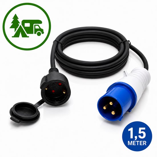 Cordon noir avec prise CEE bleue/blanche et adaptateur noir. Longueur 1,5 mètre. Idéal pour camping-car.