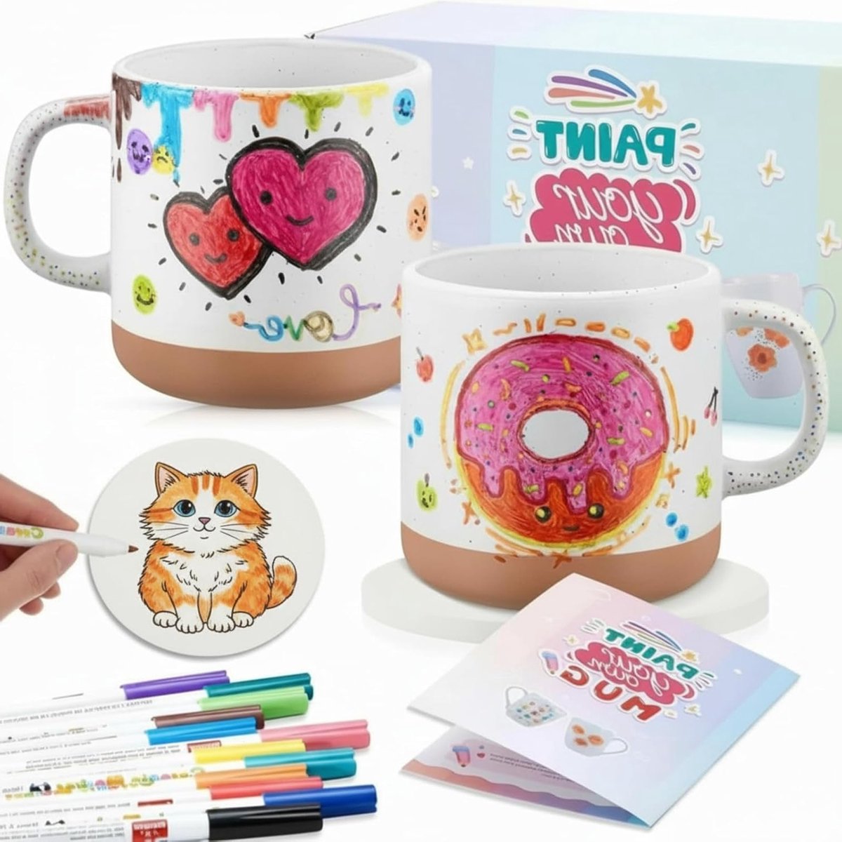 Set van 2 witte keramische mokken voor schilderen met 2 onderzetters en 12 porseleinen markers, creatief DIY cadeau voor leraren en kunstliefhebbers